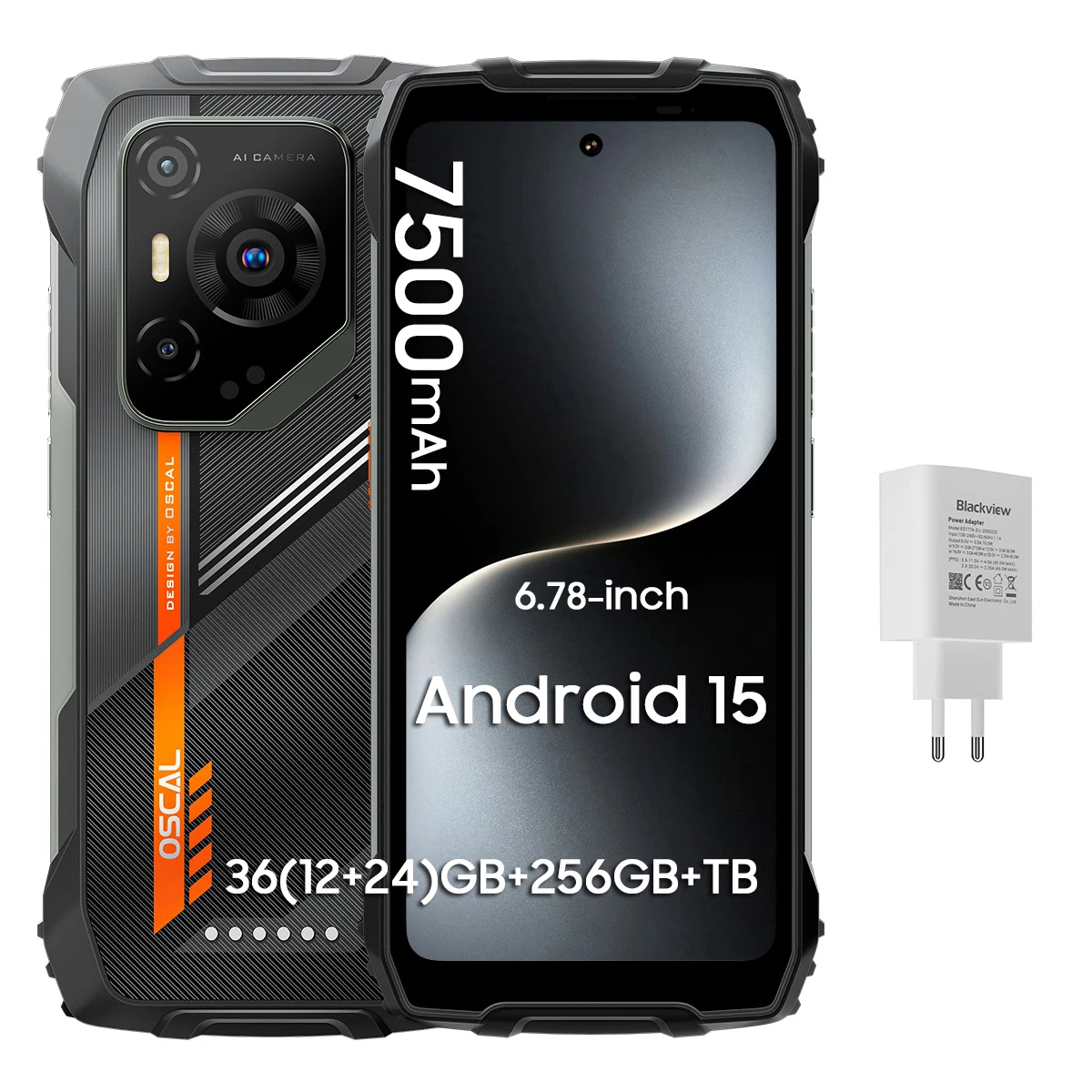 OSCAL PILOT 3 robuuste telefoon, Android 15 robuuste smartphone 5G afmetingen 6300, (12+24)GB RAM 256GB ROM, 6,78" display 120Hz,7700mAh