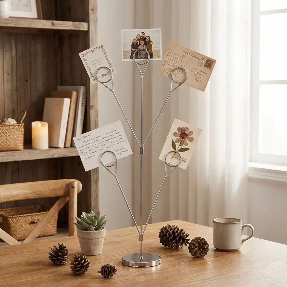 Desk Organizer 5-Branch Photo Holder Round Base Metal Memo Clip Stand Romantic Vertical Display Stand Office Desk