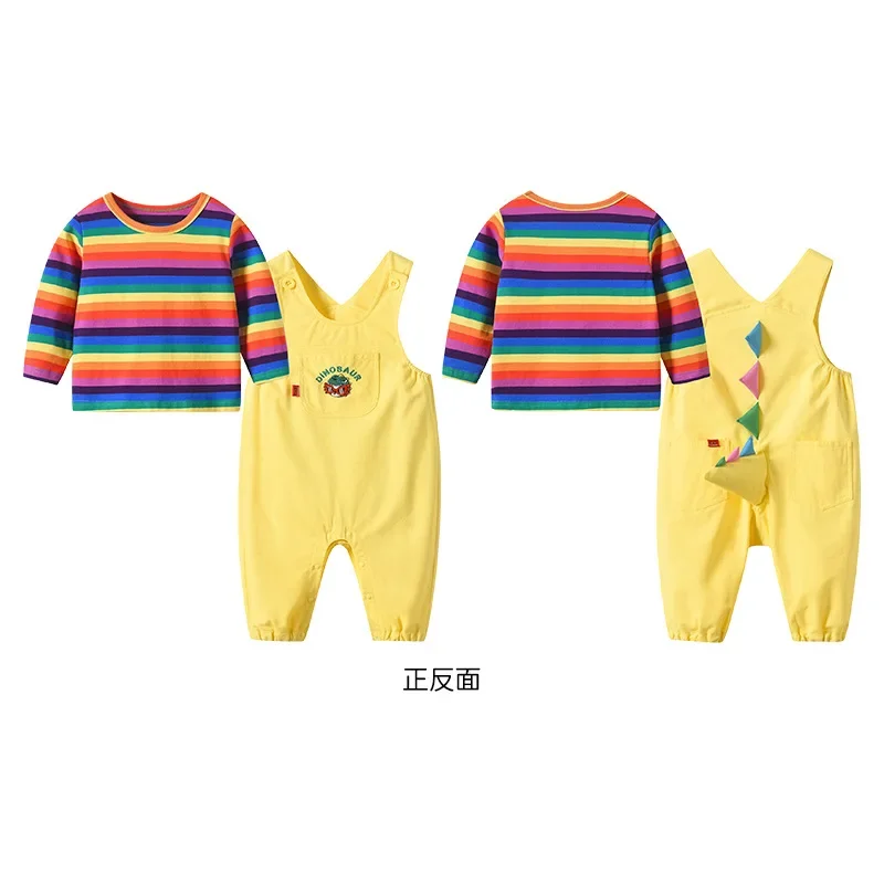 Autumn New Baby Clothes Rompers Boys Girls Bodysuit Children\'s Set Stripe Top +Overall Cartoon Dinosaur Animal Jumpsuits 0-3 Y