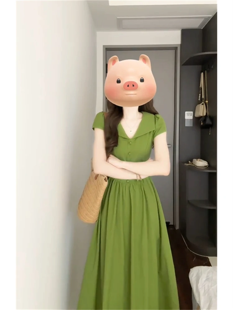 ヴァイオン・スレ カラー レディース ドクター・フリル サマー2025 ハイウエスト Aライン ニット オルト・スヴェ Vネック シングルボタン