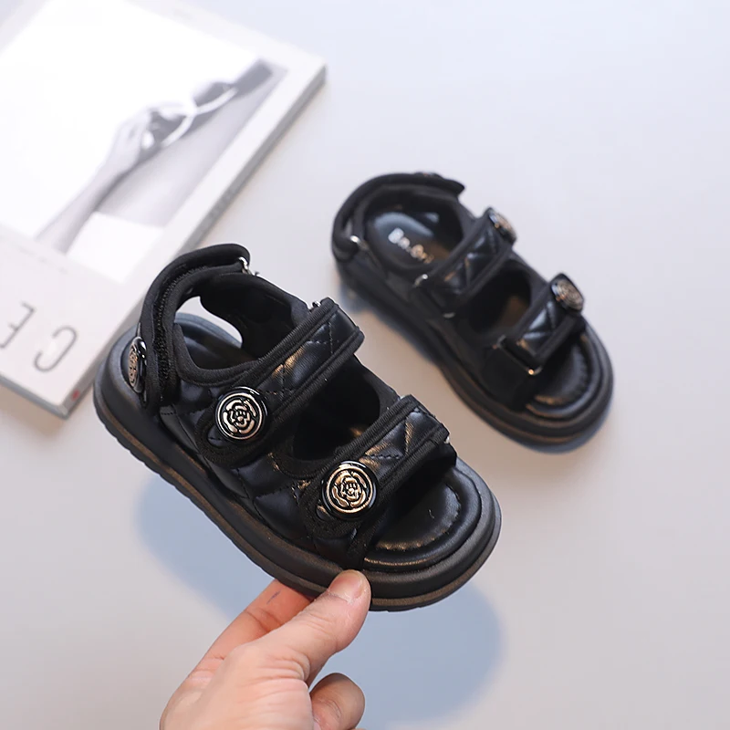 2022 Children Summer Sandals Chic Girls Casual Sandals Solid Black Kids Fashion Princess Japanese Style Classic Flowers Buckle