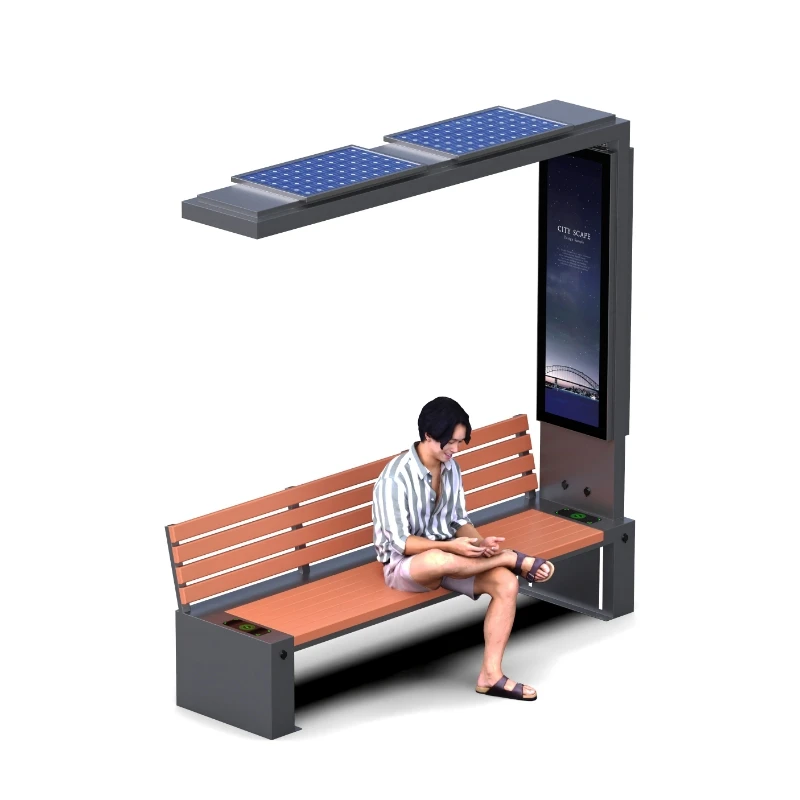 Smart Urban Modern WPC Solar Panel Screen Outdoor Park Patio Bench With Hood Umbrella Lamp 4-Seater