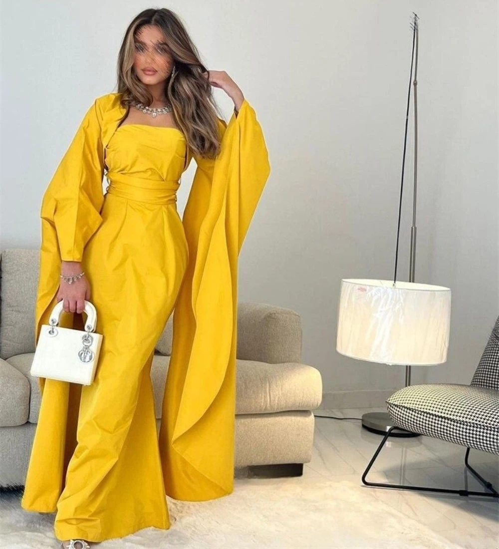 

Lovestory Strapless Yellow Dubai Mermaid Dresses Party Evening Long Sleeves Jackets Wedding Guest Women Wear Prom Formal Gowns