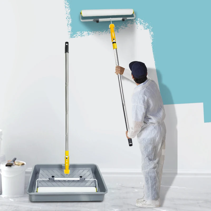 Heavy Duty 18in Paint Roller Set with Large Tray & Extension Pole - 9mm Smooth Plush Sleeve for Wall Painting, Adjustable Frame
