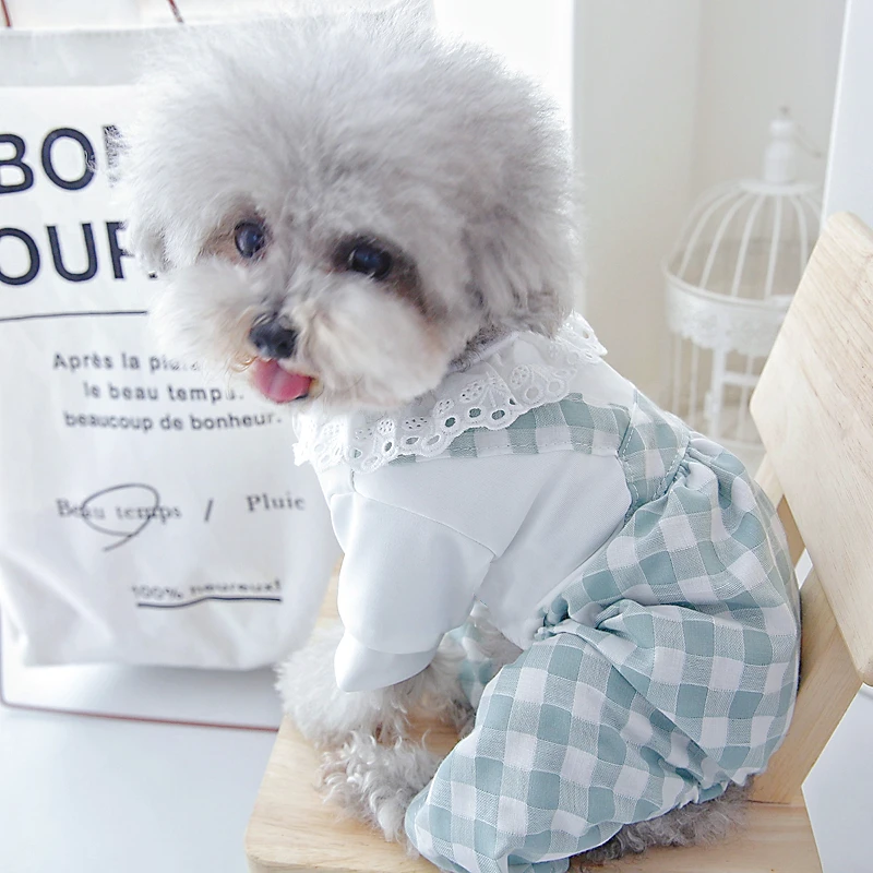 Lace Collar Dog Jumpsuit Pajamas White Shirt With Plaid Pants Summer Spring Indoor Overall XS XL Orange Green Pet Apparel Supply