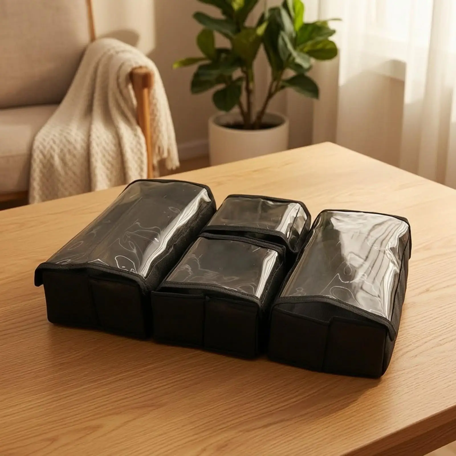 Clear PVC Cosmetic Storage Insert with Nylon Sides for Makeup Bag Organizer Travel Pouch Set of Four Black Rectangular Boxes