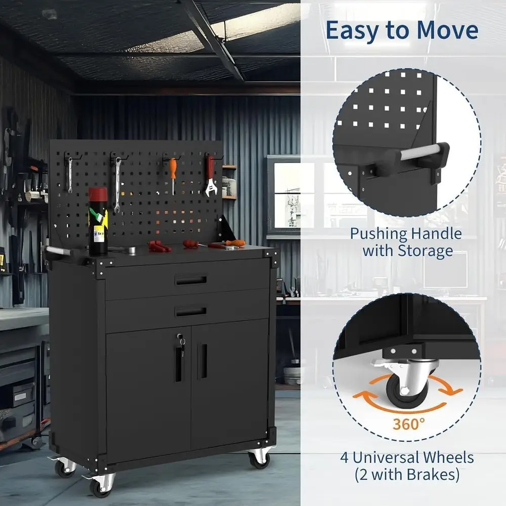 頑丈な35スチール製ワークベンチ、深い引き出し、ロック付きホイール、ペグボード、調整可能な棚付き、ガレージや作業場の収納に