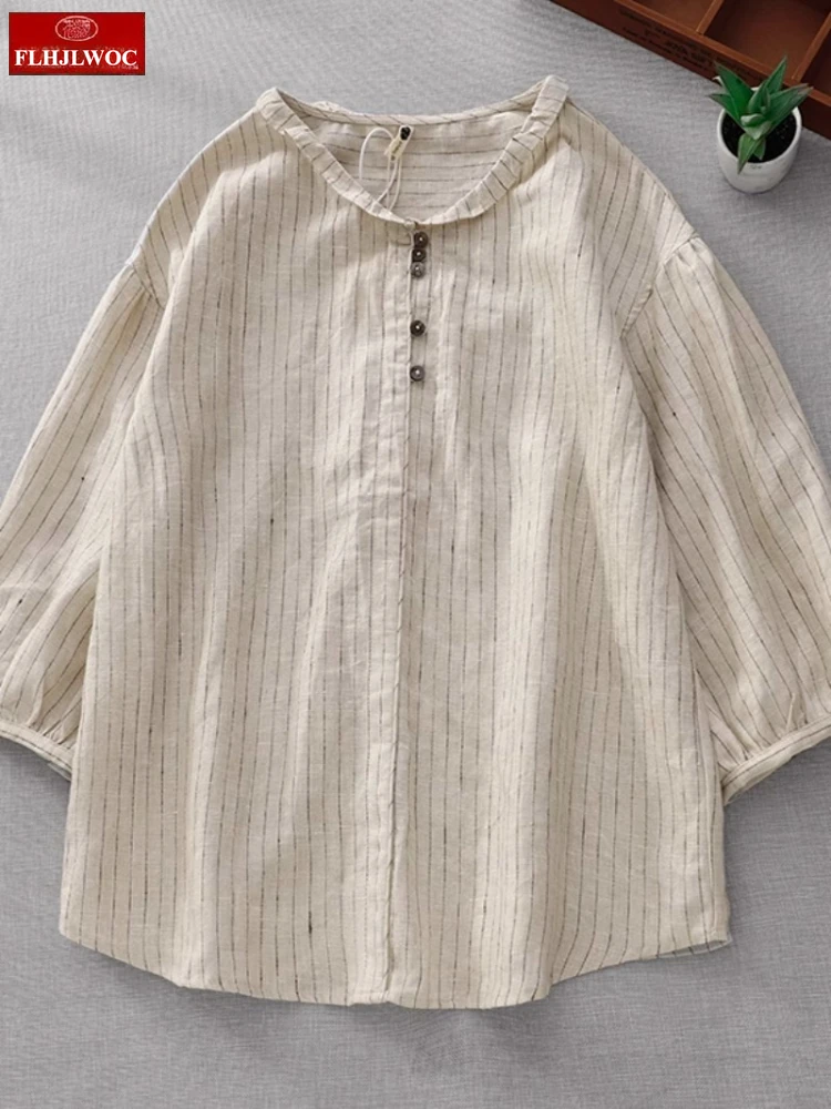 Chanvre coton mélanges hauts Blouses nouveau Mori filles femmes été mince confortable décontracté rayé chemises volants rétro Vintage haut