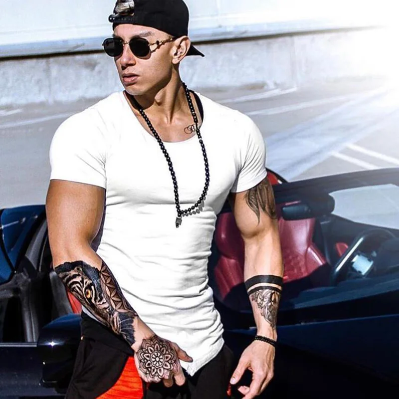 Plain Gym Bodybuilding Fitness Training Shirt Summer Mens Running Sport Clothing Cotton Breathable Short Sleeve Slim Fit T-Shirt