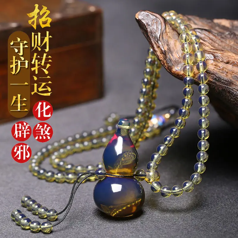 Natural 5A Water Purification High Blue Blue Pear Gourd Pendant Sweater Chain Raw Ore Beeswax Amber Necklace Pendant for Couples