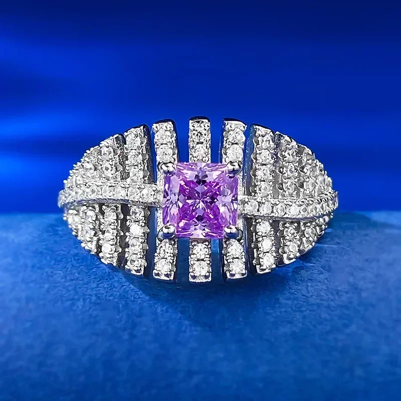 SpringQiaoer 100% 925 Sterling Silver 5*5 MM Princess Cut Amethyst High Carbon Diamond Gems Fine Jewelry Ring for Women