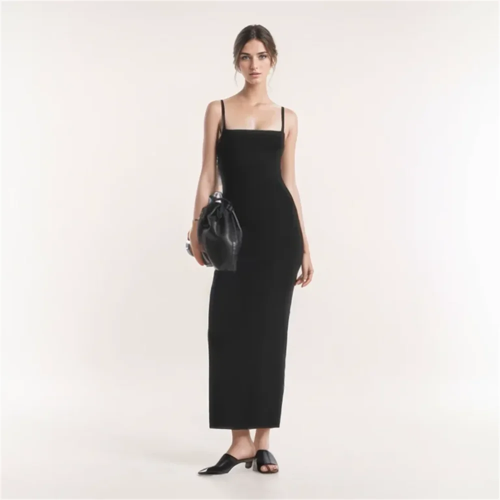 

Cos Lris 2024 Summer Women's Elegance Slim Fit Square Neck Thin Shoulder Strap Open Back Black Sling Dress