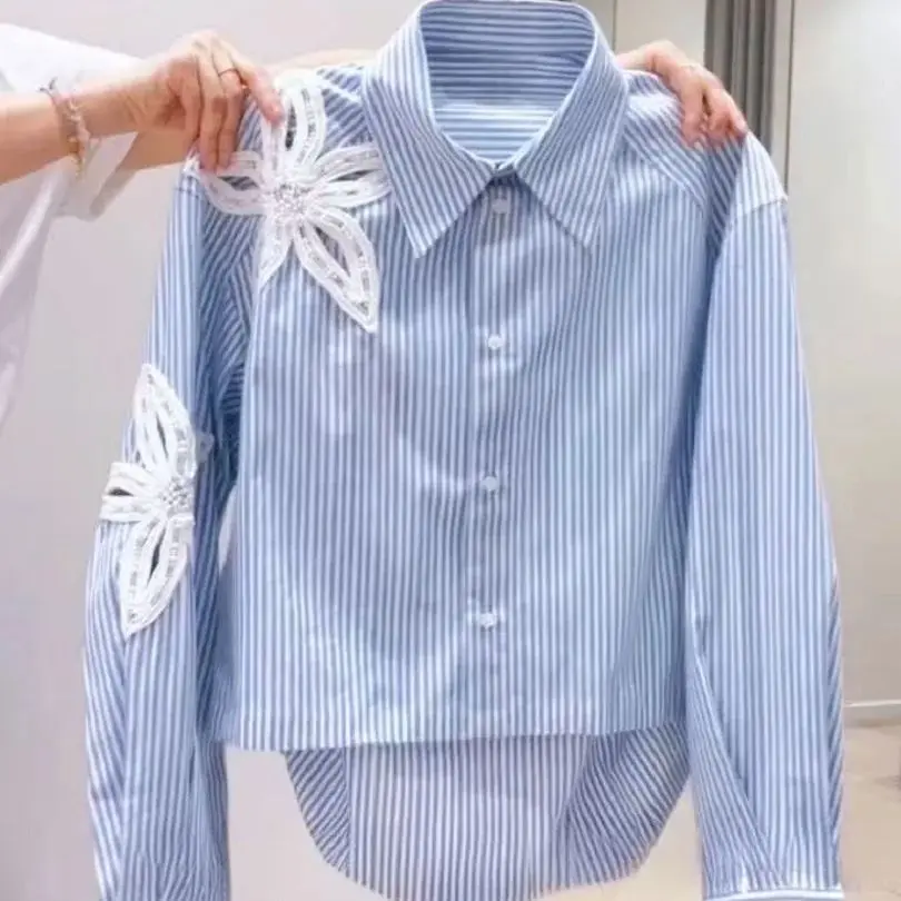 

Новинка 2025 года, осенние рубашки и блузки с бриллиантами и цветами для женщин, укороченный топ с длинными рукавами, Blusas, роскошная женская рубашка, блузка