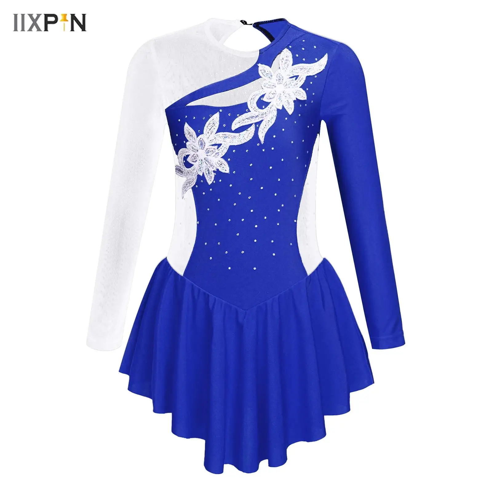 

Girls Shiny Diamond Mesh Splice Ballet Dance Dress Kids Long Sleeve High Low Hem Skirt Leotard for Gym Ice Skating Performance