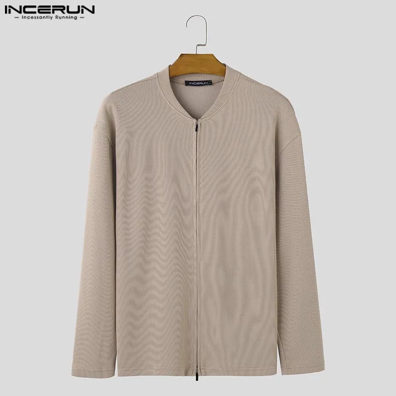 INCERUN Tops 2024 Korean Style Casual New Men Texture Cardigan Sweater Autumn Winter Hot Sale Zipper Long Sleeved Sweaters S-5XL