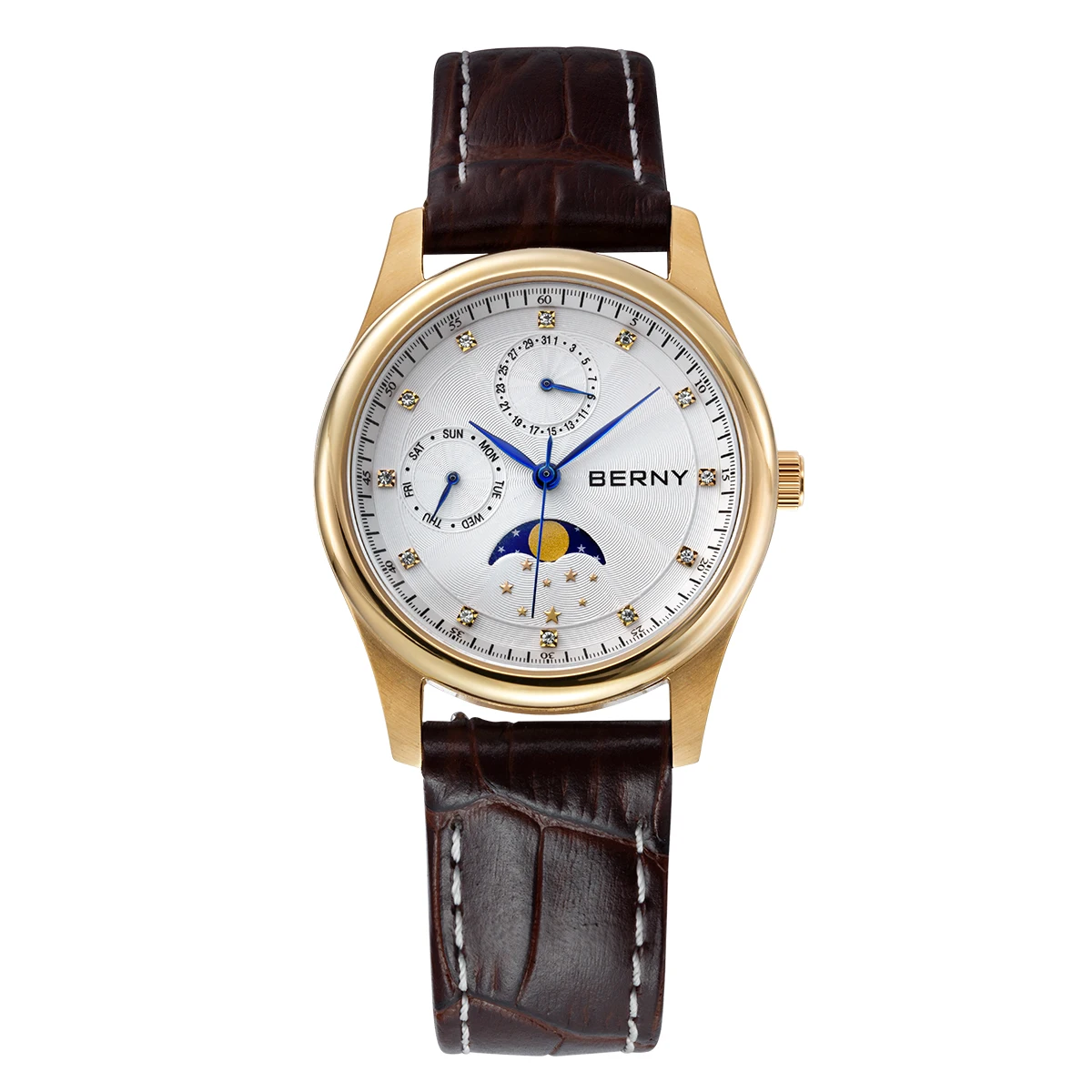 BERNY Watch for Women Calendar Date Week Moon Phase Quartz Women's Watches Leather Strap Elegant Casual Ladies Girl Wristwatch