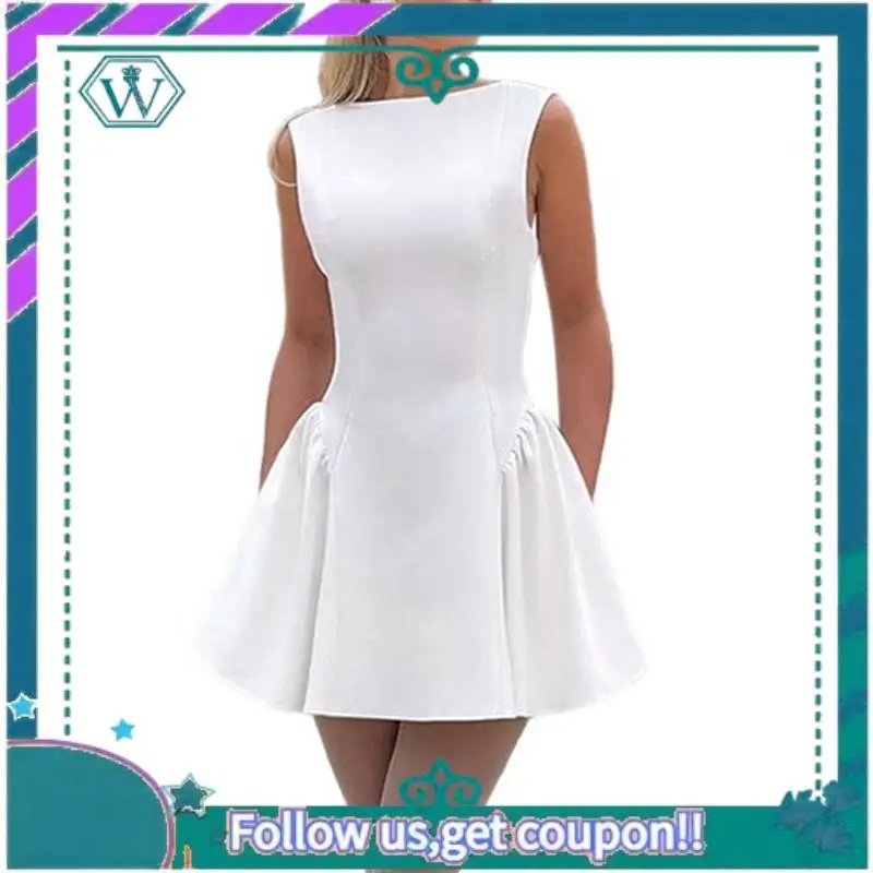 A09P المرأة الصيف بلا أكمام طاقم الرقبة عارية الذراعين ألف خط فستان حفلة موسيقية صغيرة