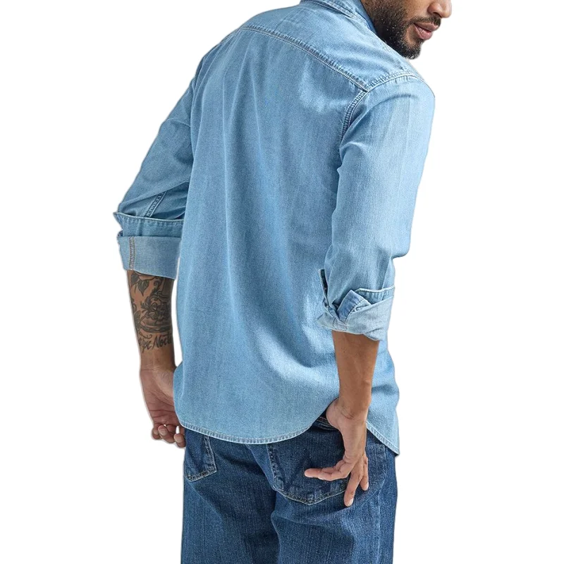 Men's Casual Denim Shirt Long Sleeve Button Down Vintage Light Blue Washed Cowboy Shirt Slim Fit Outdoor Workwear Top