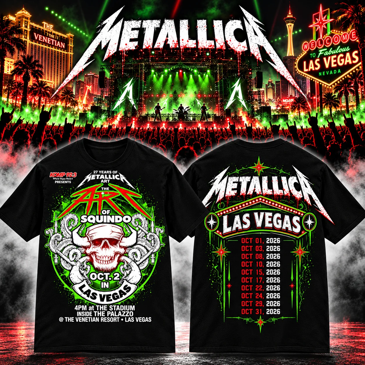 Metallica 2026 Las Vegas Tour Tshirt The Art of Squindo Skull Print Heavy Metal Rock Unisex O-neck Casual Graphic Tee