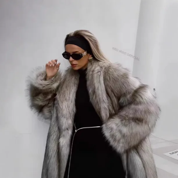 KIDCRKJ Winter Women Imitation Fur Outwear Gradient Big Fur Collar Oversize Female Mink Fur Coat Long Fashion Lady Faux Fur Coat - view 4
