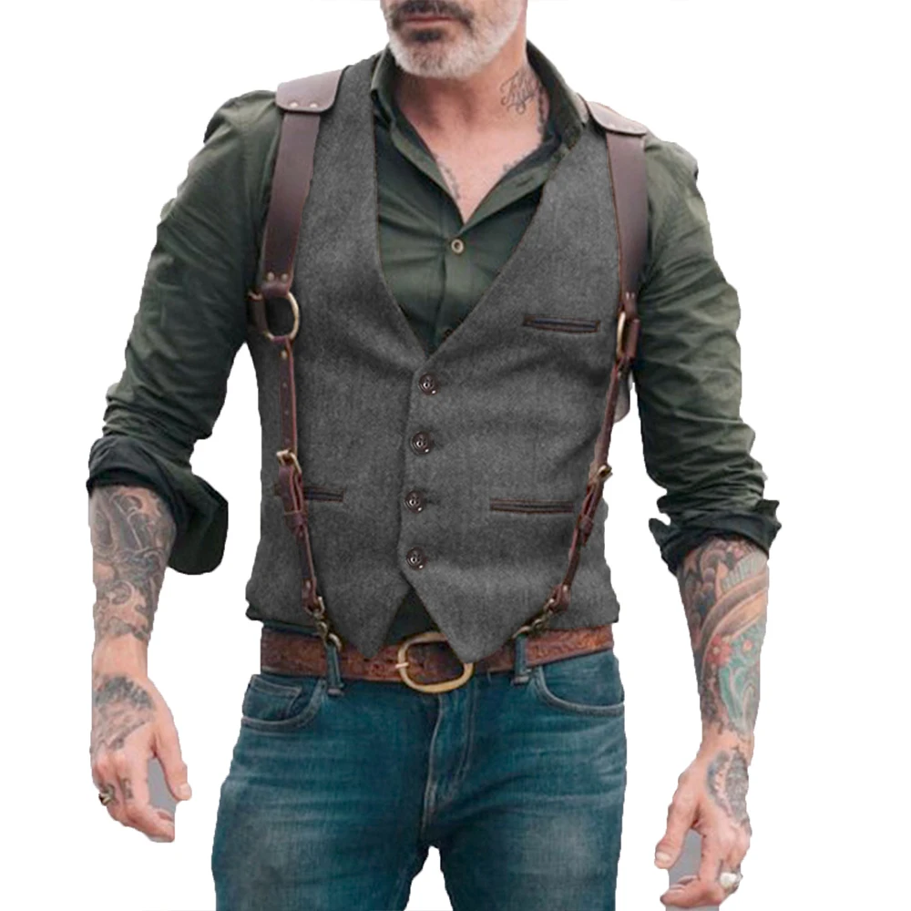 

Leisure Mens Vest Herringbone Wool V-neck Slim Fit Waistcoat Vintage Steampunk Vest For Men Wedding Groomsmen Suit Vest