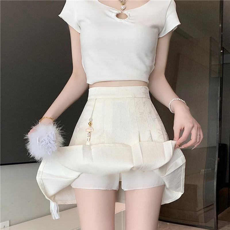 2024 New Chinese Style Jacquard Horse Face Summer Short Skirt High Waist Slimming Pleated Skirt Plus Size Versatile Skirt ﻿