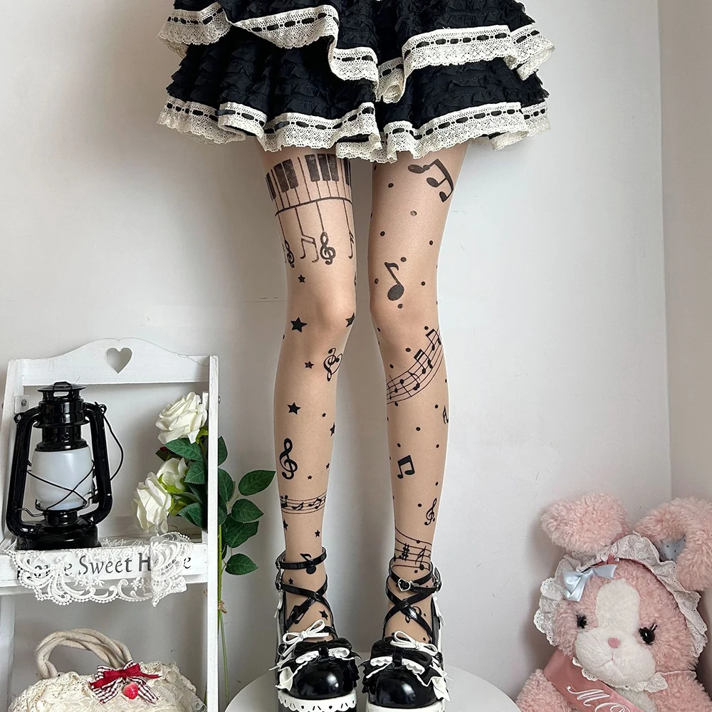 Musical Note Women Stocking Symbol Print Lolita Tights Hosiery Sweet High Y2K Women Stocking Tights Club Party Pantyhose 1/2pc