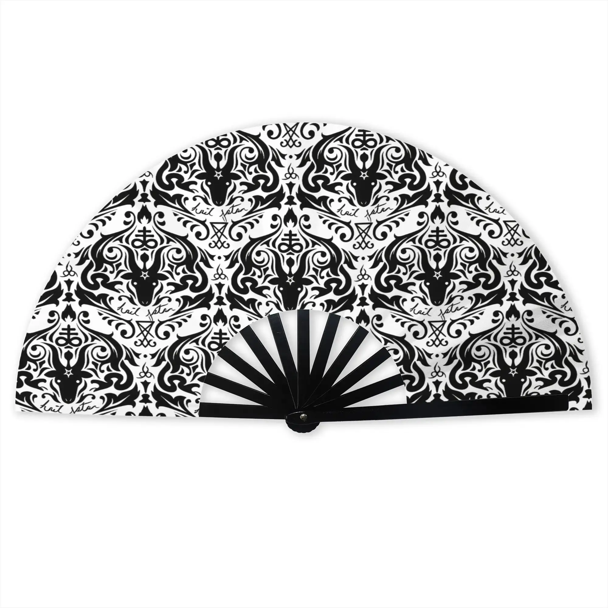 Damask Hail Satan Baphomet Stylish Hand Fan Unisex Satanic Cross Devil Printed Polyester Fan Vintage For Wedding Party Gift