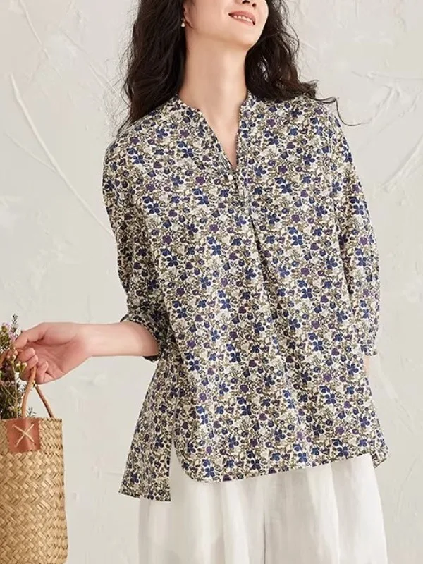 

Свободная женская рубашка с V-образным вырезом и цветочным принтом, больших размеров, летняя, дышащая, хлопковая, в японском стиле, повседневная, модная