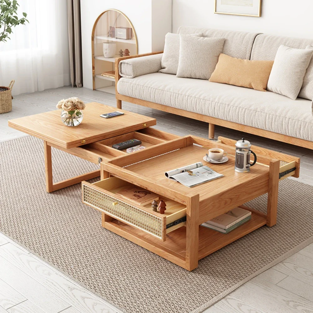 Simple Log Style Lifting Coffee Table Integrated Medium and Small Apartment All Solid Wood Tea Table Combination