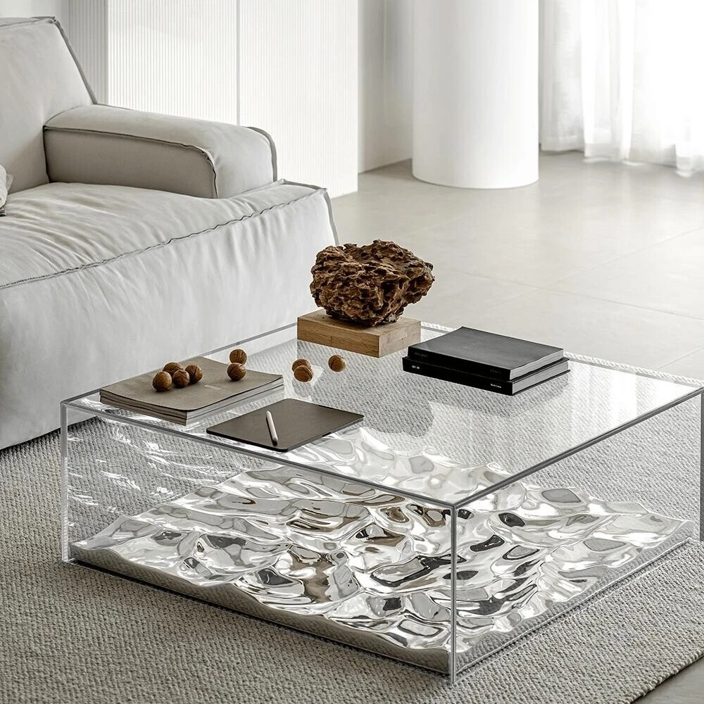 Designer water ripple coffee table silver glass transparent acrylic photo living room