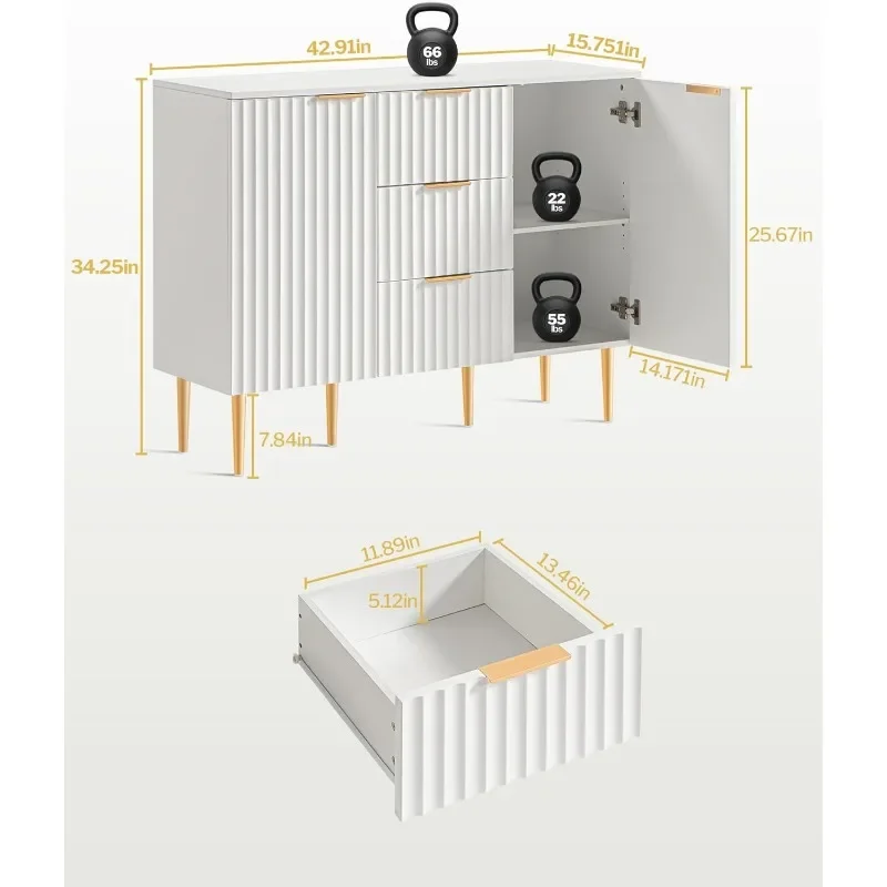 Storage Cabinet with 3 Drawers, Glossy Fluted Buffet Cabinet Sideboard with Adjustable Shelves, Accent Cabinet Console