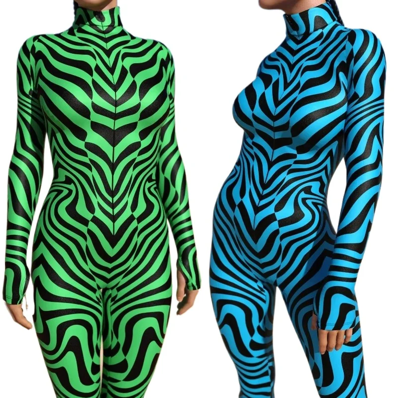 Art 3D Irregular Lines Jumpsuit Zebra Pattern Cosplay Costume Halloween Punk Bodysuit Long Sleeve Performance Catsuit for Women