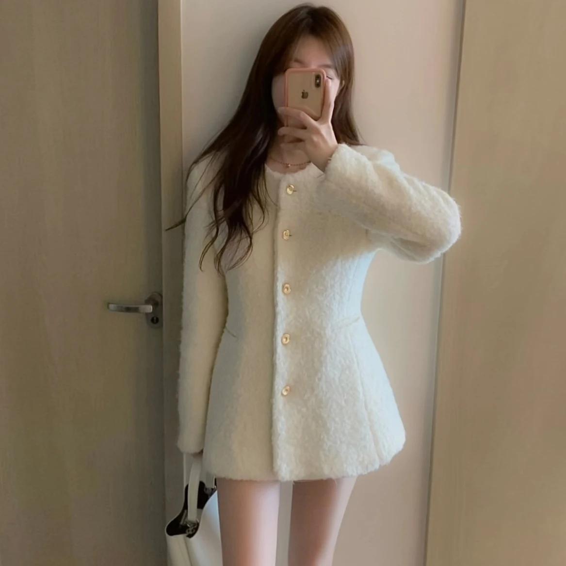 Fashion Solid Color Slim Jacket Women Gentle Small Fragrant Wind O Neck Wool Coat 2025 New Vintage Korean Style Elegant Jackets