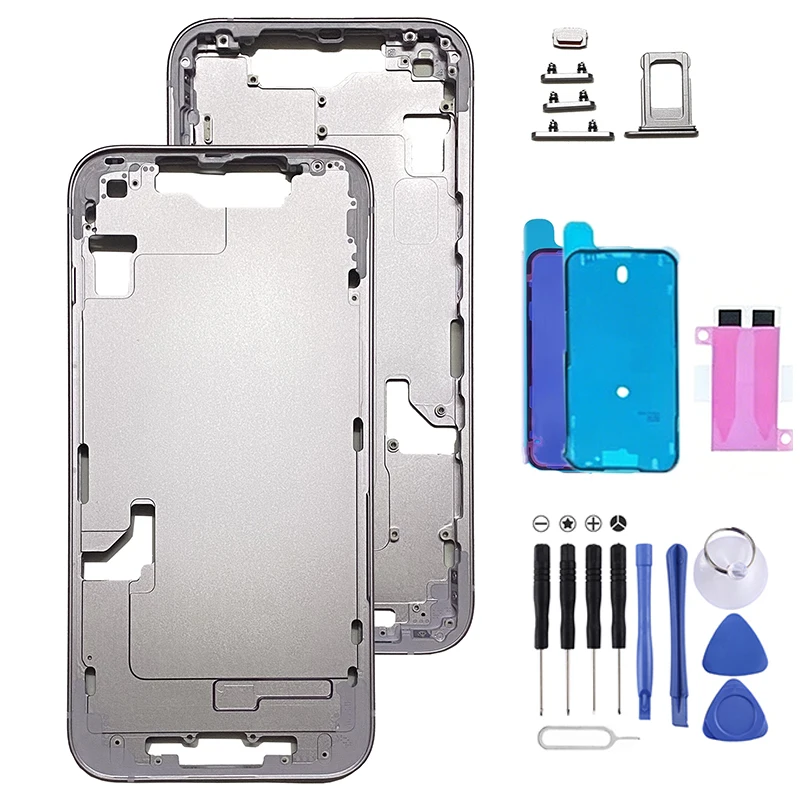 Full Set Back Housing Cover For iPhone 14 14 Plus Middle Frame Replacement W/ Side Keys SIM Tray Adhesive Sticker Repair Tools