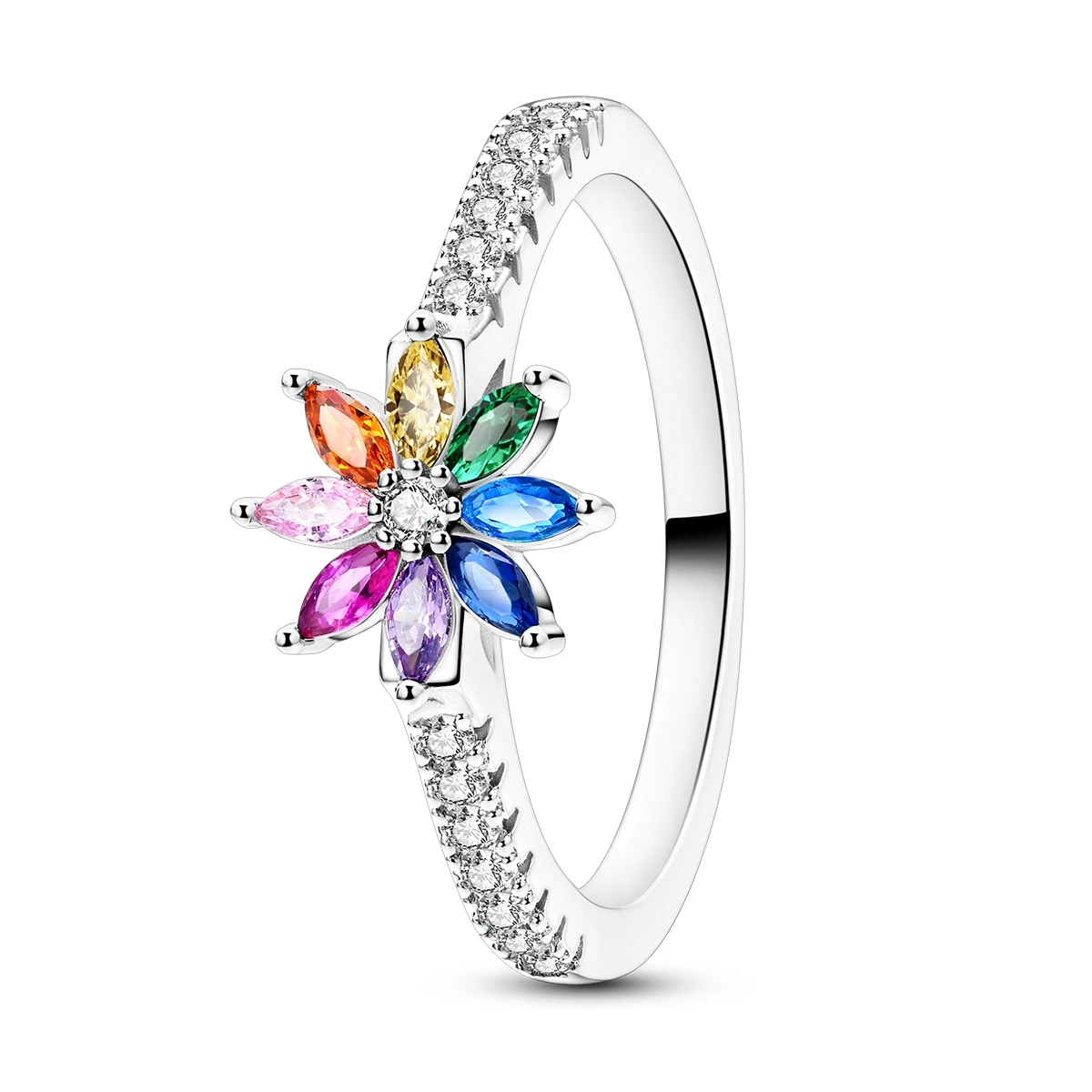 

925 Sterling Silver Rainbow Flower Ring for Women Mother's Day Multicolor CZ Inlaid Dainty Fine Jewelry Gift