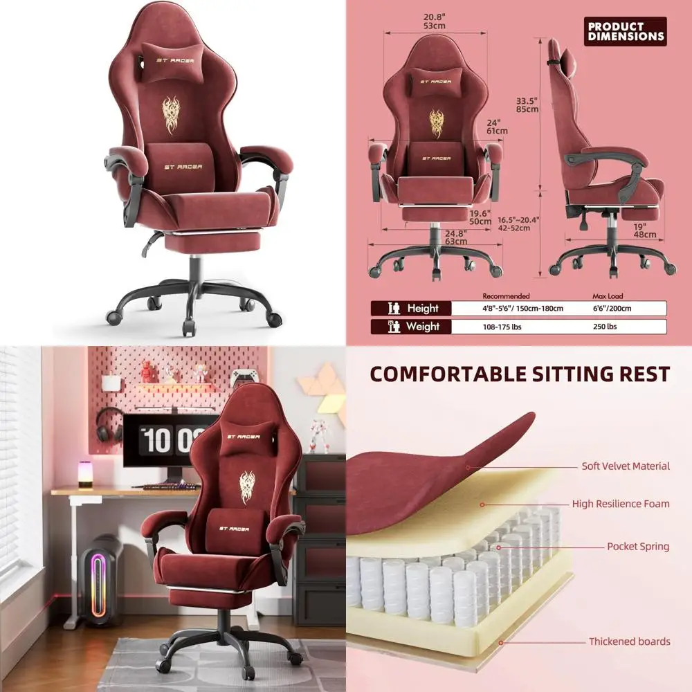 Ergonomic High Back Gaming Chair for Adults, Plush Velvet Fabric, Comfortable Video Game Seat with Footrest and Maximum Support