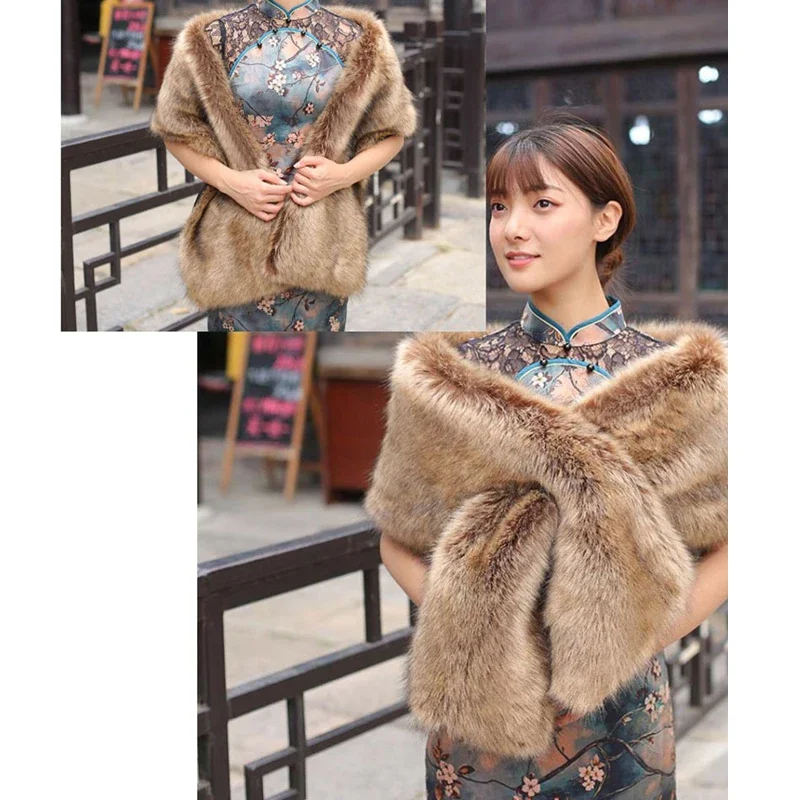 Women\'s Faux Fur Scarf Neck Autumn Winter Plush Warm Widened Shawl Cheongsam Shawl Stage Performance Accessories