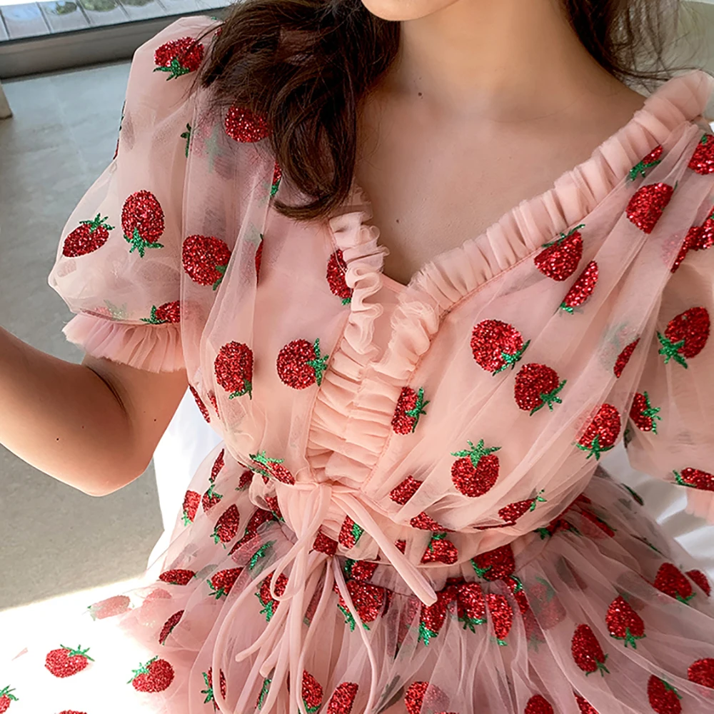 Mini vestido de vacaciones de jardín de fresas, cuello en V, tul con volantes, picardías de princesa personalizado para cumpleaños, corpiño, baile, graduación, vacaciones