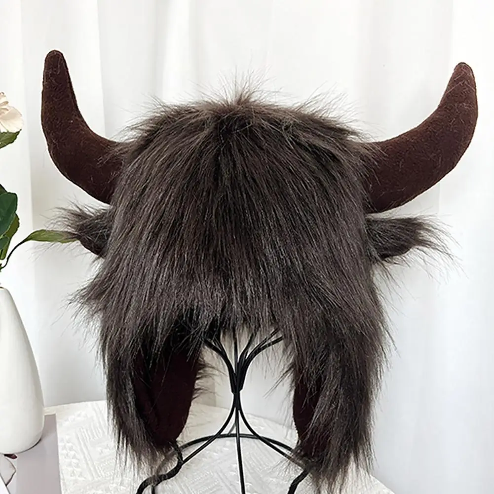 Thermal Hat Faux Fur Thunderbolt Winter Hat with Cow Horn Decor for Women Men Funny Unisex Windproof Cap for Cosplay Photo Props