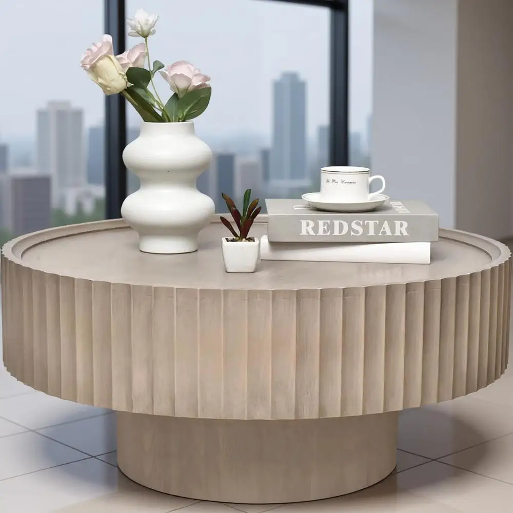 

Современный серый рифленый журнальный столик с барабаном и местом для хранения вещей, диаметр 30,3, акцентный столик в форме гриба для гостиной и квартиры