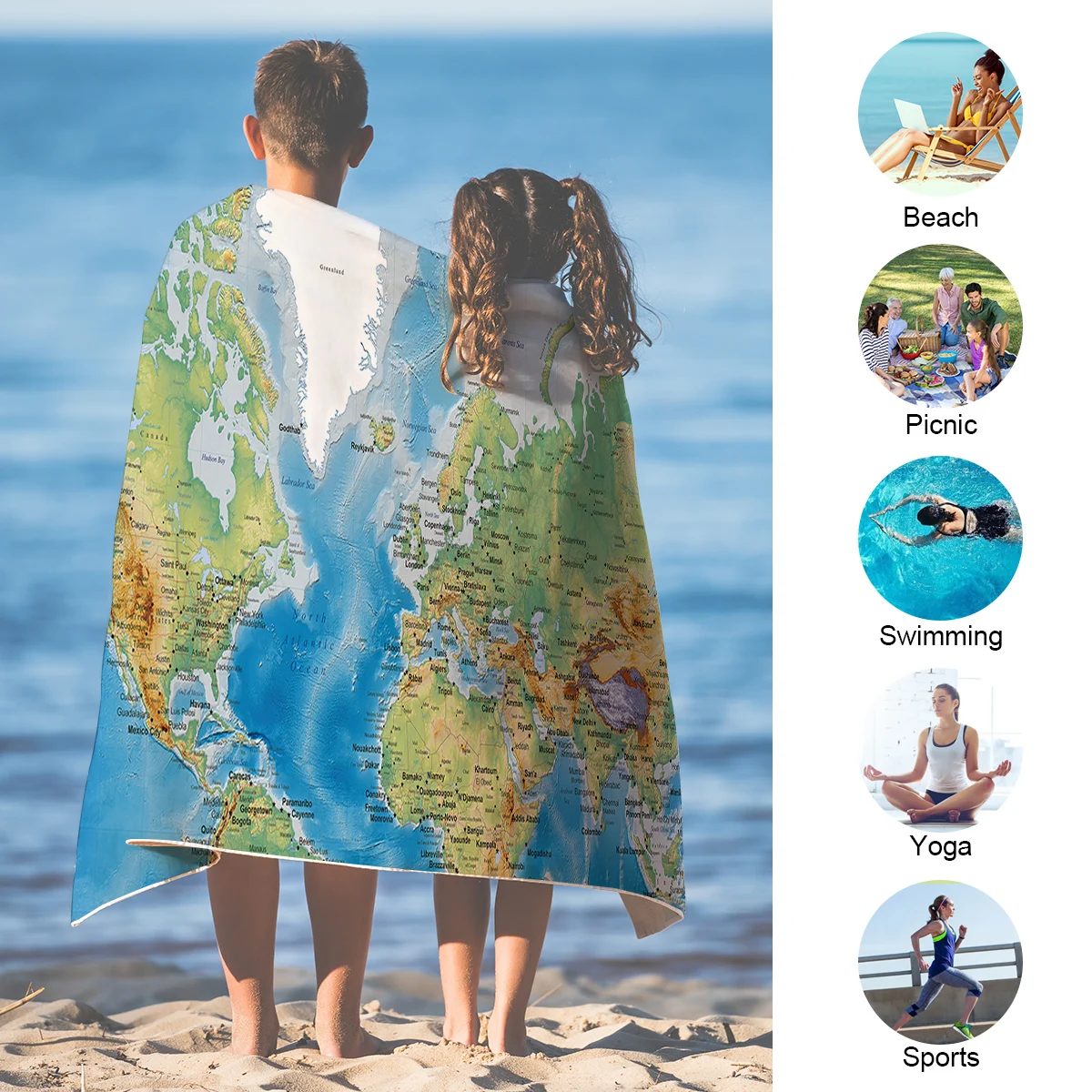 World Map Beach Towel  For Bathroom Beach  27Inchx60Inch For Adults Mens Women Girls Gift