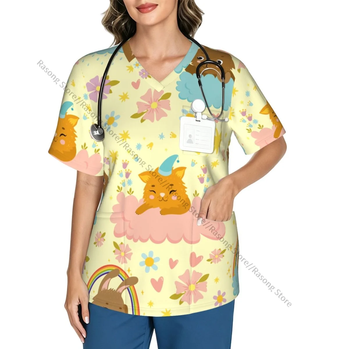 Cats Cloud Magic Sky Sunset Rainbow Scrubs Medical Uniforms Women V Neck Short Sleeve Tunic Scrubs Tops Nursing Surgical Uniform
