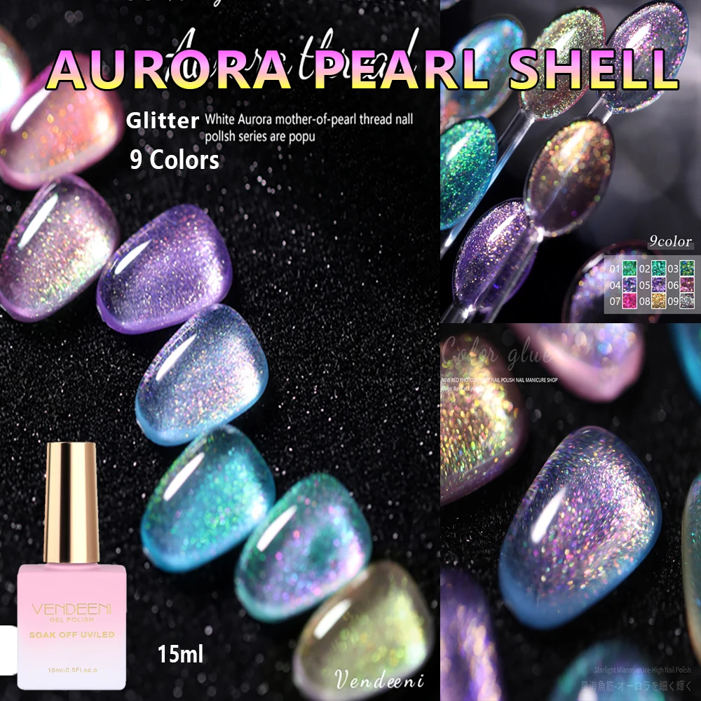 

Vendeeni 9 Colors/set Aurora Pearl Shell Nail Gel Polish UV LED Glitter Shiny Mermaid Effect Manicure Lacquer With Color Card