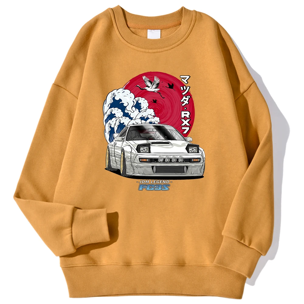 Japanese Car Waves Crane Red Sun Print Man Pullovers Oversize Fleece Hoodie Simple Crewneck Sweatshirt Autumn Casual Clothes