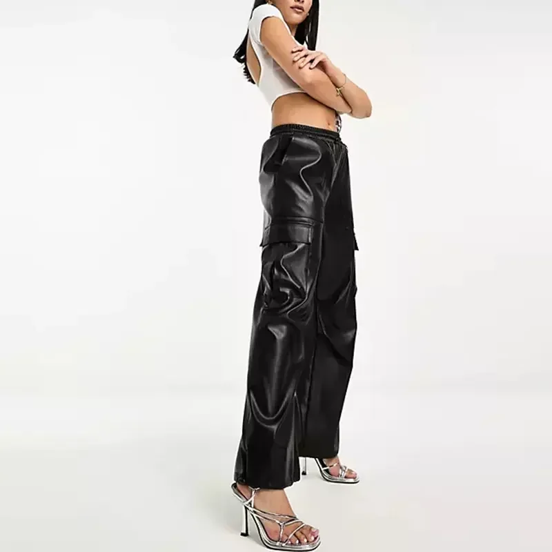 Vintage Faux Leather Cargo Pants Women Casual PU Straight Pants with Pocket Ladies Loose Wide Leg Trousers Clubwear New Custom