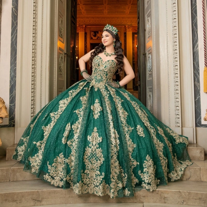 

Green Shiny Quinceanera Dresses Ball Gown Gold Lace Applique Beading Tull Mexican Party Birthday Sweet 16 Vestidos De 15 Anos