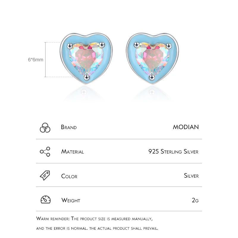 Modian 925 Sterling Silver Romantic Blue Enamel Hearts Ear Studs Rainbow Color Zirconia Stud Earrings for Women Wedding Jewelry