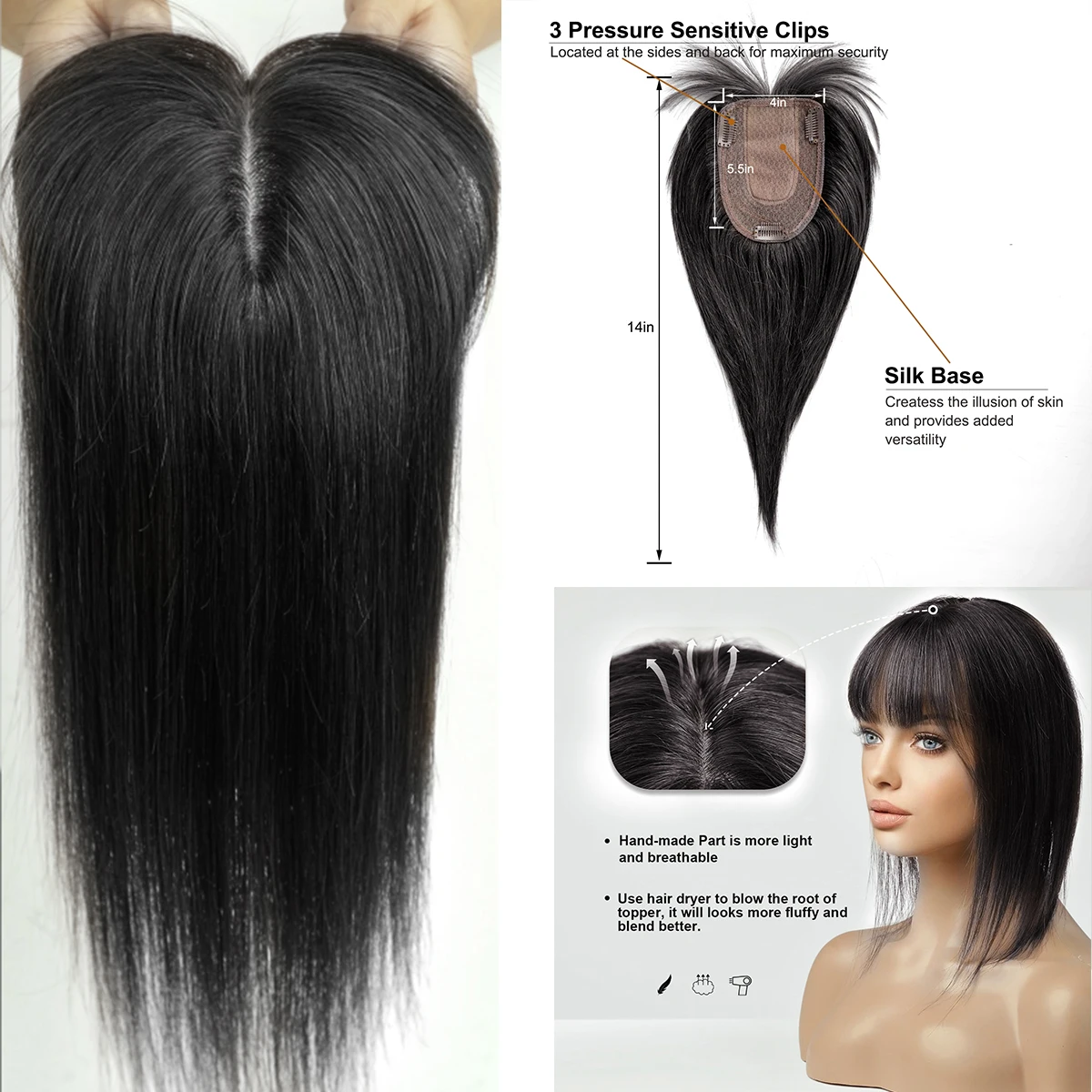 Schwarz/14inch Echthaar Topper mit Pony Clip in Topper Top Haar teile für Frauen mit dünner werdender Haar verlängerung