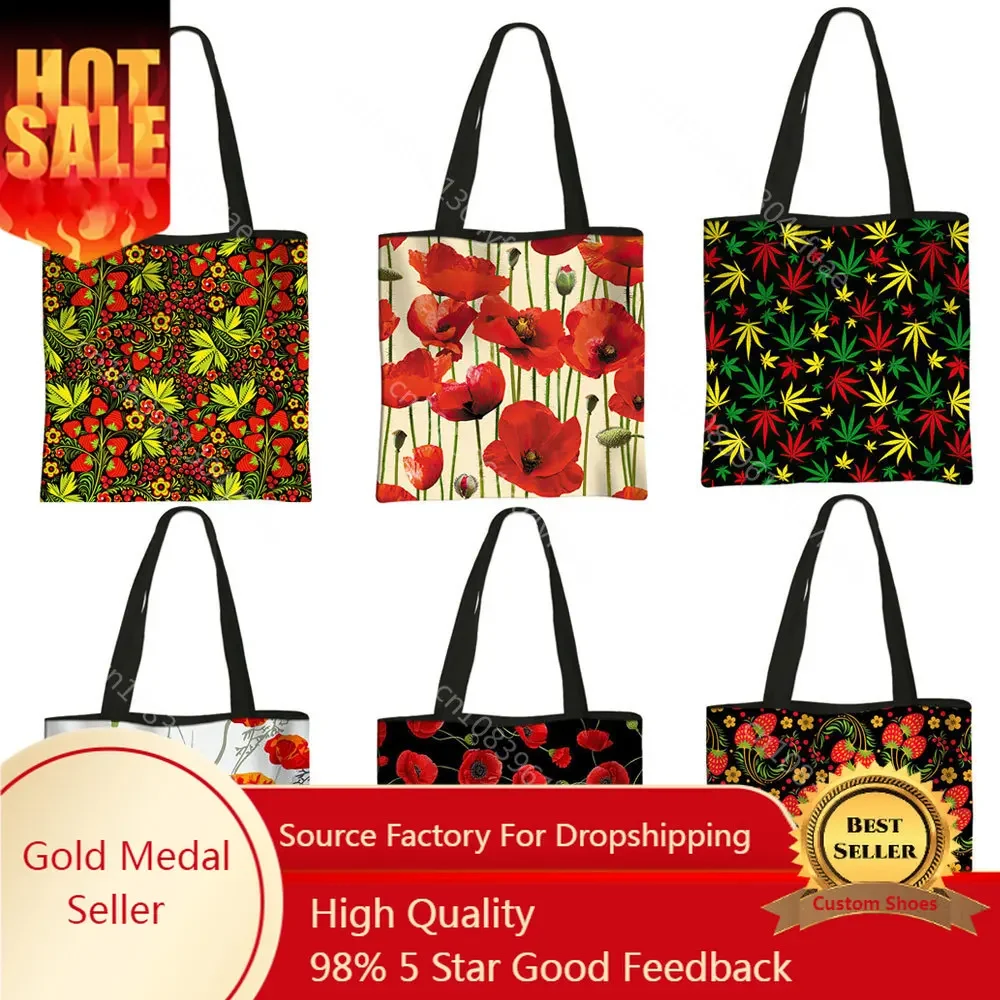 

Beautiful Red Poppy Flower Print Shoulder Bag Women Casual Totes Canvas Handbag Larger Capacity Beach Shopping Bags Gift